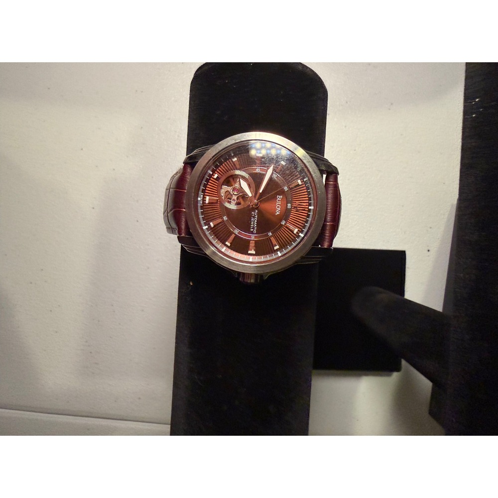 Bulova Automatic Open Heart Skeleton Dial Men's Watch  Brown Leather Strap